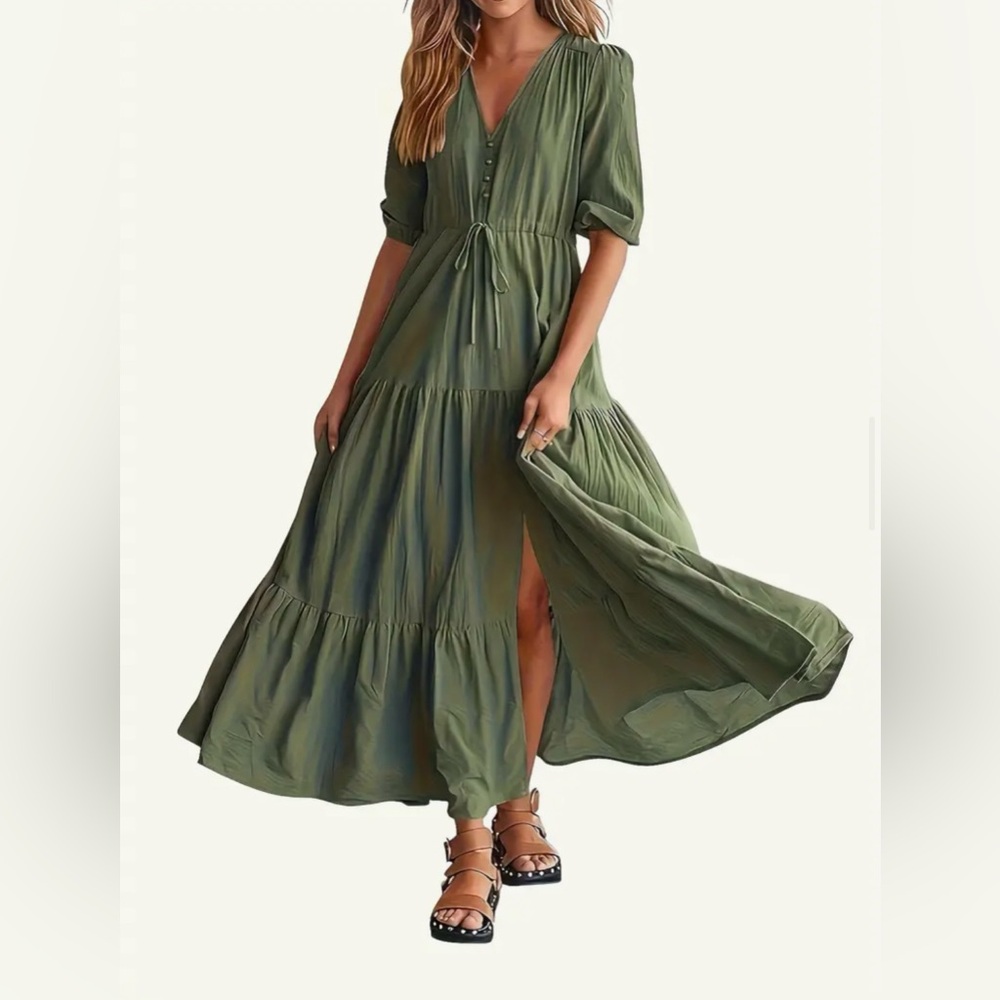 Green Tiered Maxi Sundress with Puff Sleeves